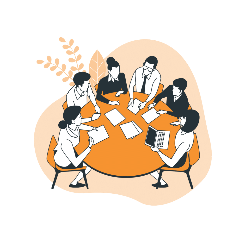 illustration d'une réunion d'entreprise sur une table et des personnes autours