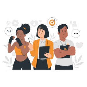 illustration de trois personnes une boxeuse, et deux coachs