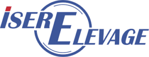Logo de Isère Élevage écriture bleue et point rouge