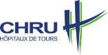 Logo du CHRU de Tours, texte bleu accompagné d&#039;un symbole vert et bleu