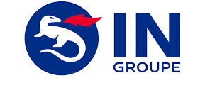 Logo IN Groupe avec un lézard blanc sur fond bleu.