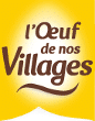 Logo de la marque L&#039;Œuf de nos Villages, fond jaune avec texte marron et blanc