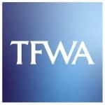Logo de TFWA, texte blanc sur fond bleu dégradé
