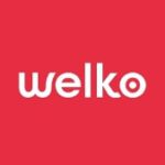 Logo Welko avec texte blanc sur fond rouge.