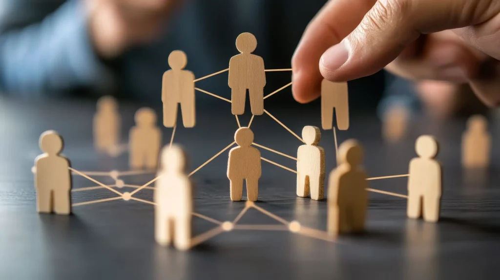 Réseau de collaboration représenté par des figurines en bois connectées par des fils