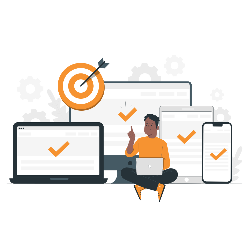 Personne utilisant des appareils numériques avec une cible et des validations symbolisant la reussite