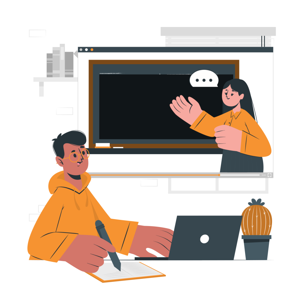 un homme écoute une video learning présenté par femme