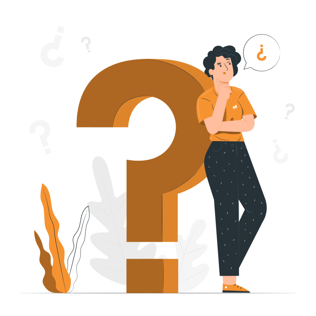 Illustration d'une femme pensive appuyée sur un grand point d'interrogation, entourée de symboles de question.