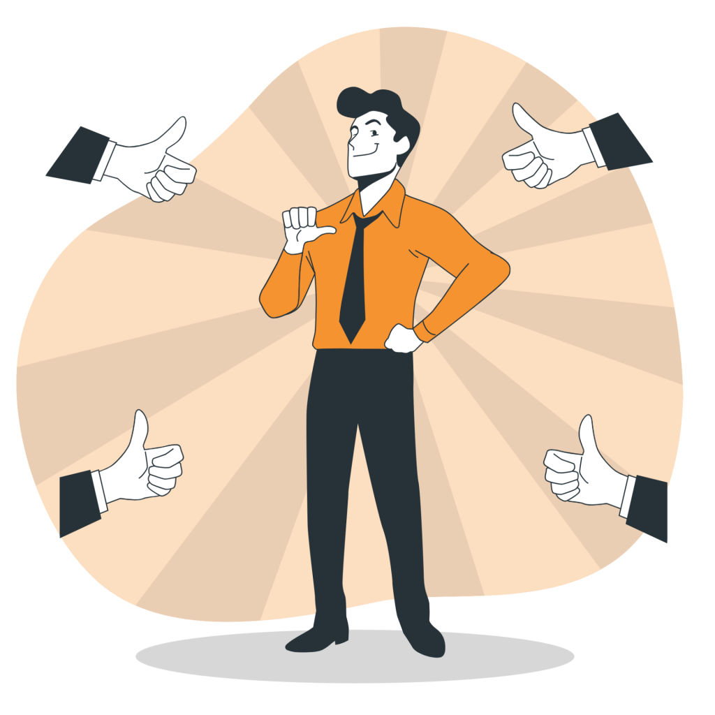 Illustration d’un homme confiant en chemise orange, entouré de mains faisant un pouce levé en signe d’approbation.