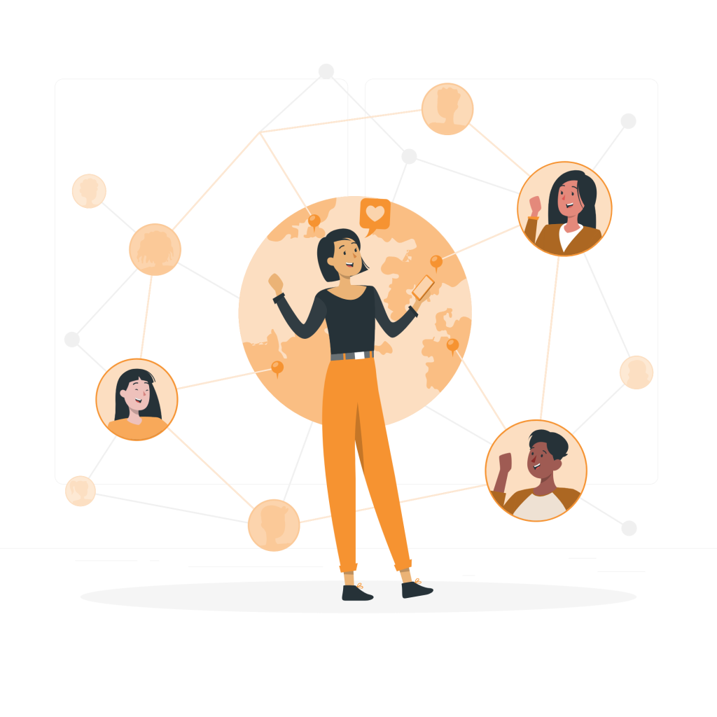 Illustration d'une femme connectée à un réseau social mondial.