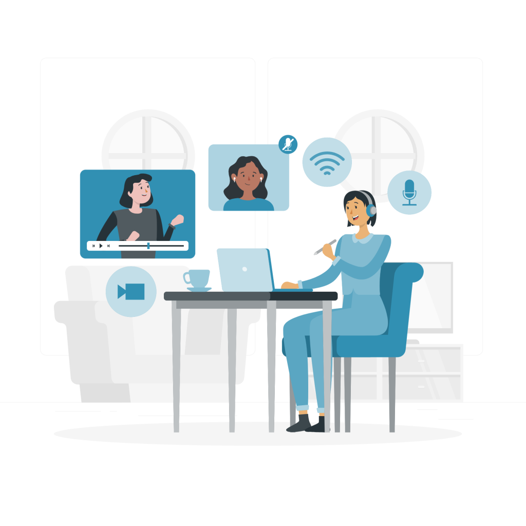 Illustration d'une femme en visioconférence, utilisant un ordinateur portable et un casque