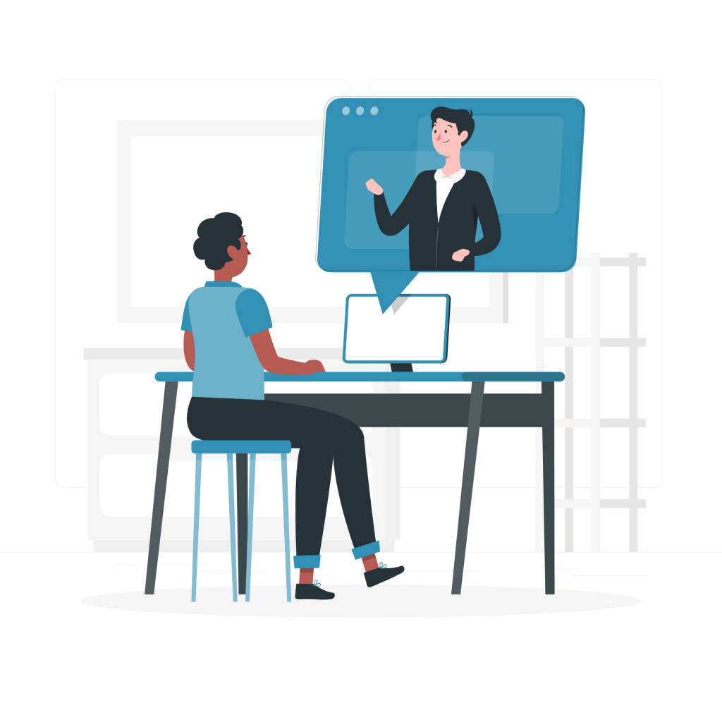 Personne suivant un cours en visioconférence.