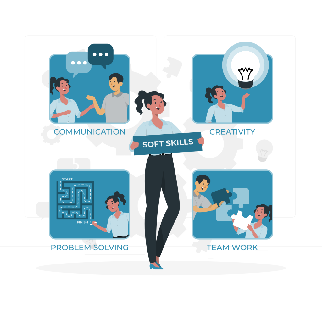 Illustration représentant les soft skills avec une femme tenant un panneau