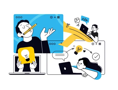 Illustration de personnes échangeant des idées à travers des écrans d’ordinateur, symbolisant la collaboration créative en ligne