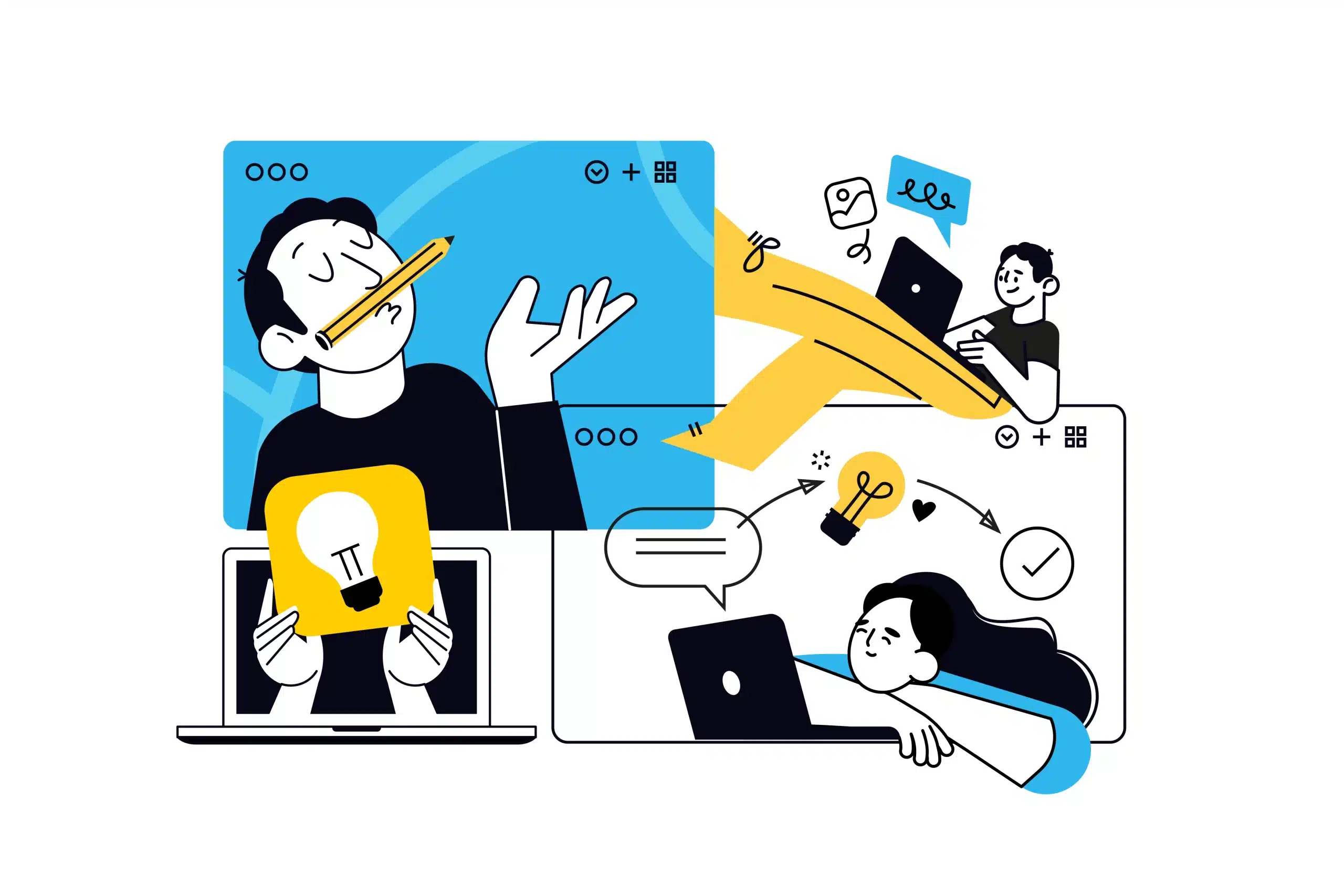 Illustration de personnes échangeant des idées à travers des écrans d’ordinateur, symbolisant la collaboration créative en ligne