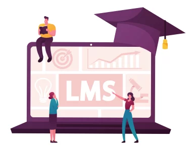 Illustration de personnes interagissant avec un écran d'ordinateur affichant LMS, avec un chapeau de diplômé