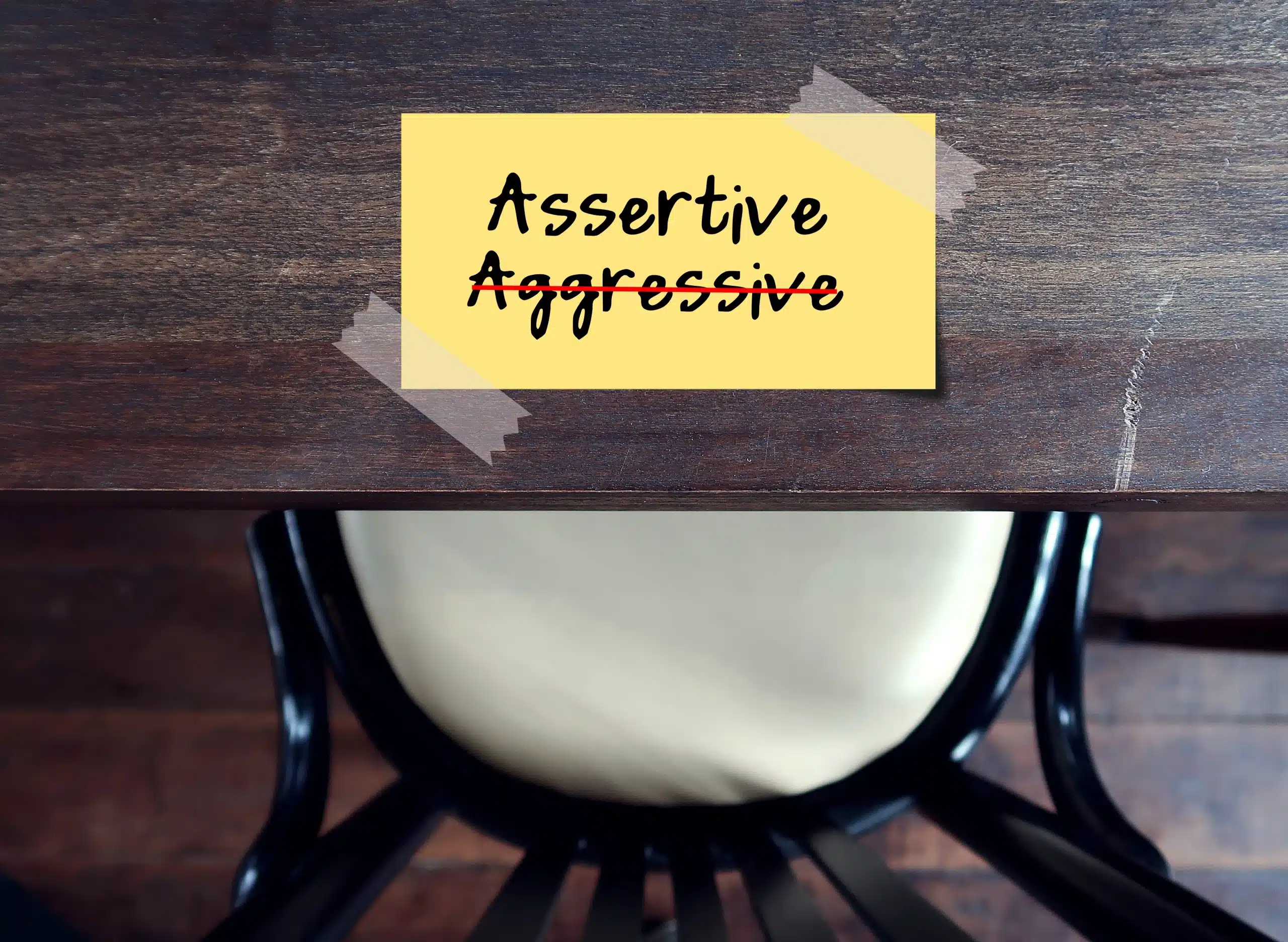 Note jaune collée sur un bureau avec les mots 'Assertive' et 'Aggressive' barré en rouge, illustrant la différence entre l'assertivité et l'agressivité.