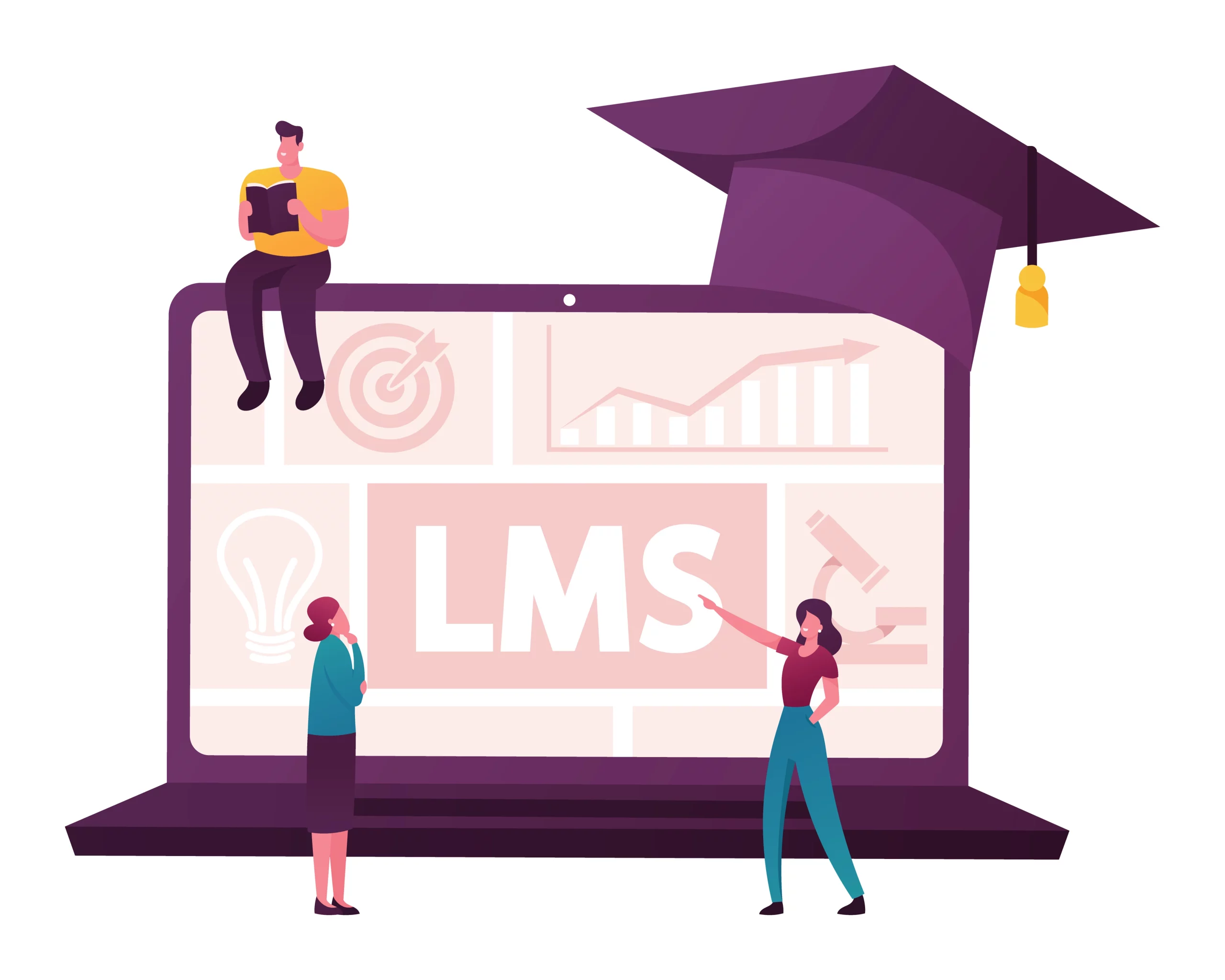 Illustration de personnes interagissant avec un écran d'ordinateur affichant LMS, avec un chapeau de diplômé