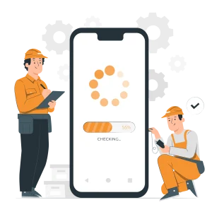 Techniciens en train de vérifier une application sur un smartphone avec un indicateur de chargement à 55%