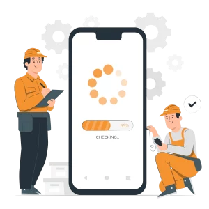 Techniciens en train de vérifier une application sur un smartphone avec un indicateur de chargement à 55%