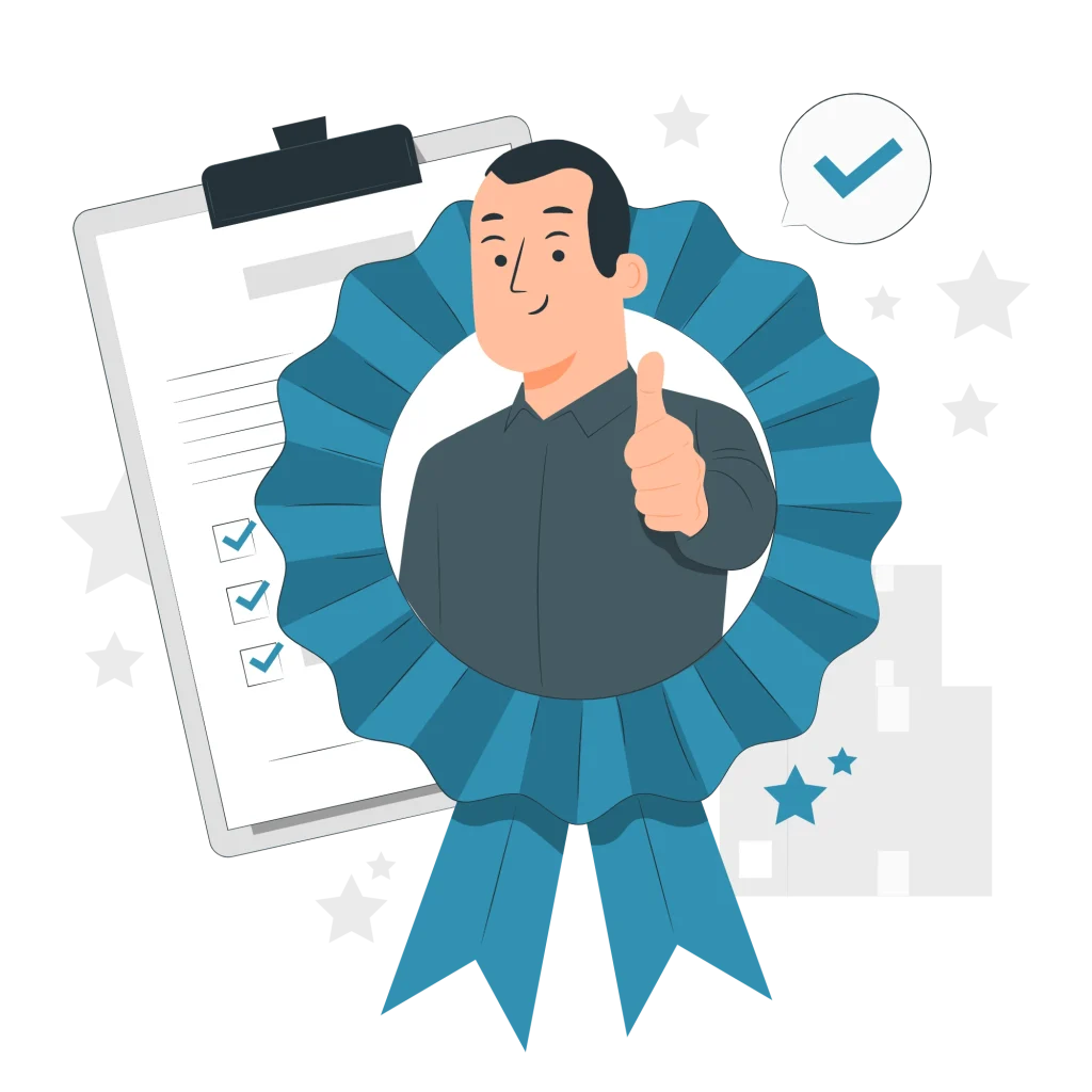Homme avec un ruban de certification et une checklist validée