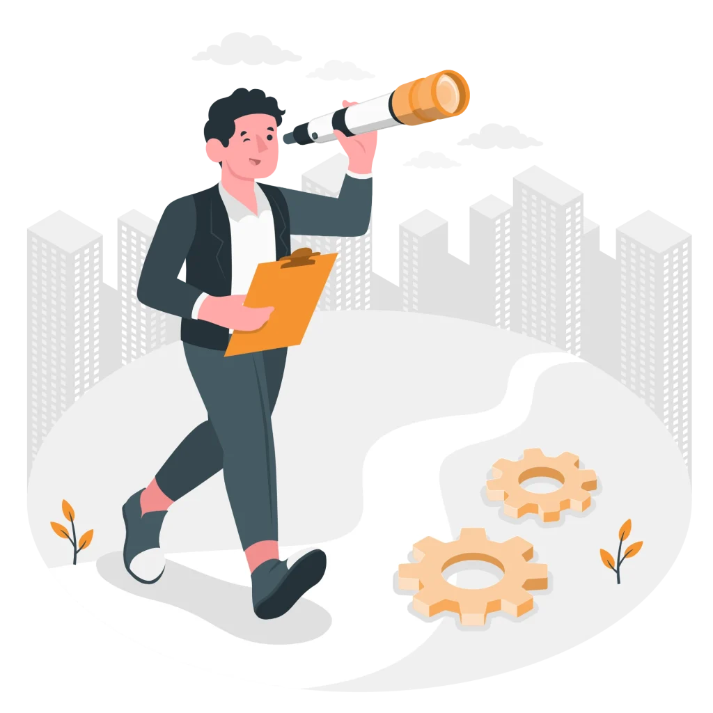 Illustration d’un homme avec une longue-vue et un clipboard, explorant une trajectoire stratégique avec des engrenages au sol