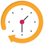 Icône d'une horloge avec une flèche orange circulaire indiquant un concept de durée ou de temps prolongé