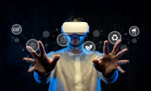 Personne en casque VR interagissant avec des icônes holographiques représentant des concepts environnementaux et technologique