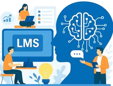 Illustration de la connexion entre un système LMS avec une représentation graphique de l'intelligence artificielle dans un cerveau connecté.