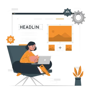 Illustration d'une femme assise devant un écran créant une interface de site web avec des éléments graphiques et du texte.