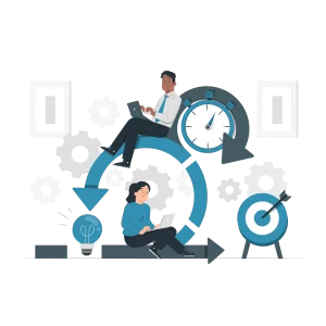 Illustration de deux personnes travaillant avec des engrenages, une horloge et une cible symbolisant l'efficacité et la gestion du temps.