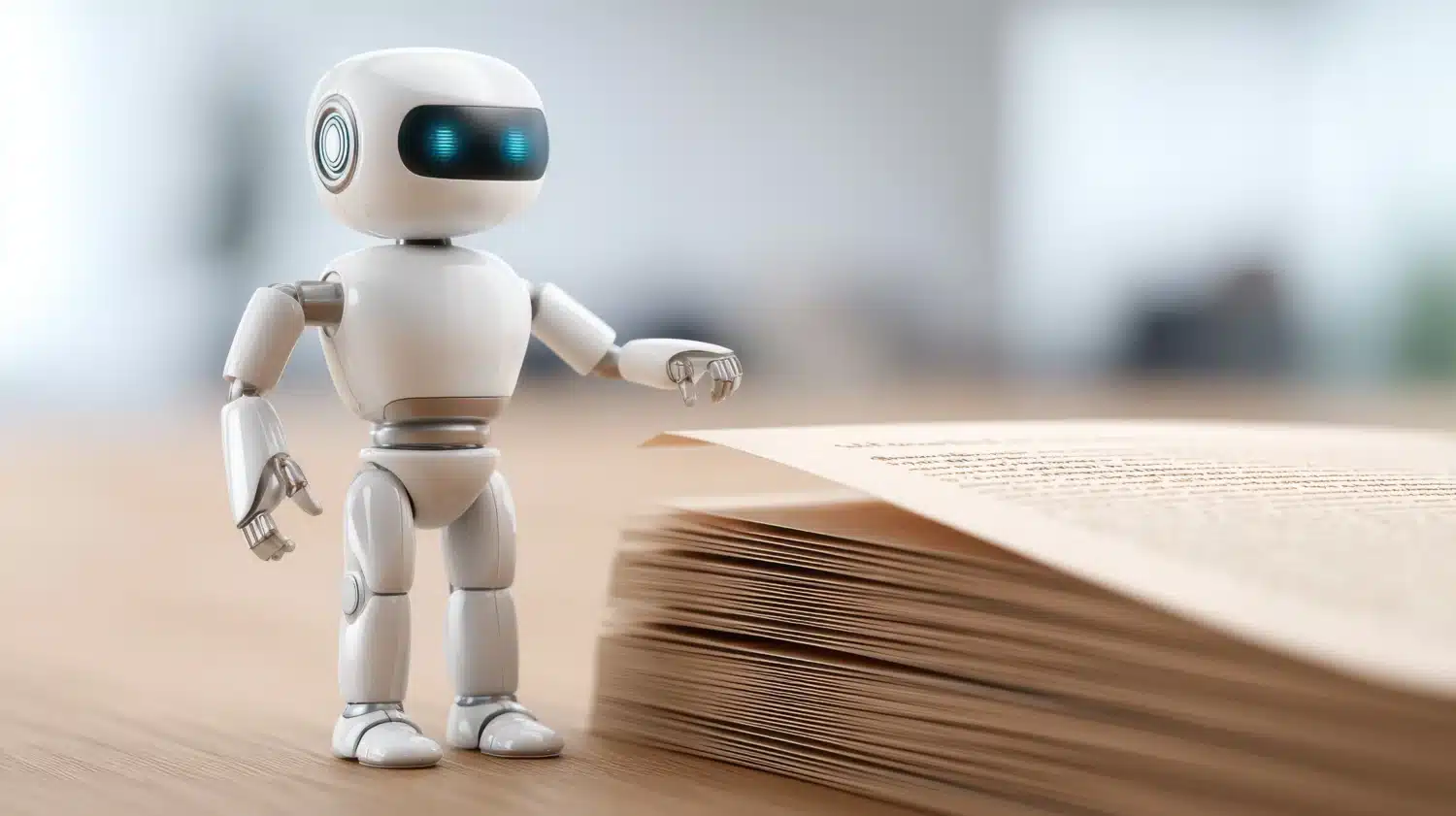 Petit robot humanoïde blanc debout devant une pile de documents posés sur un bureau.