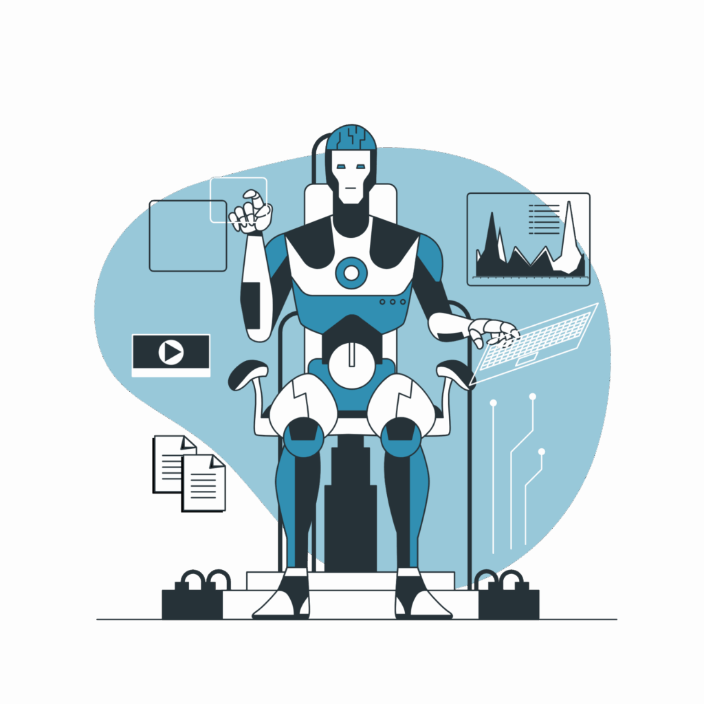 illustration robot avec un cerveau d'humain, relié à des machines