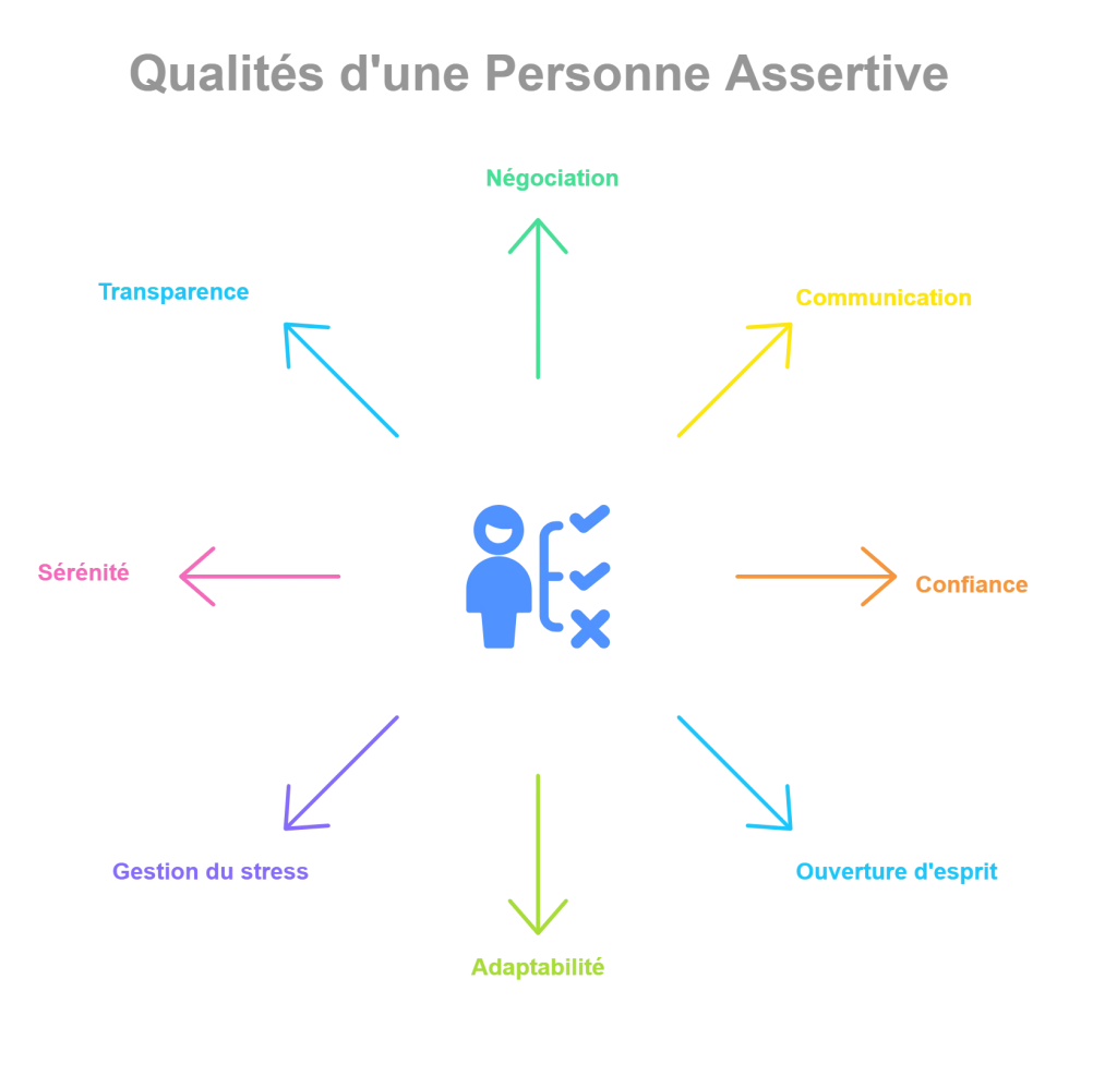 Schéma présentant les qualités d'une personne assertive, telles que négociation, communication, confiance, ouverture d'esprit, adaptabilité, gestion du stress, sérénité et transparence, autour d'une icône centrale