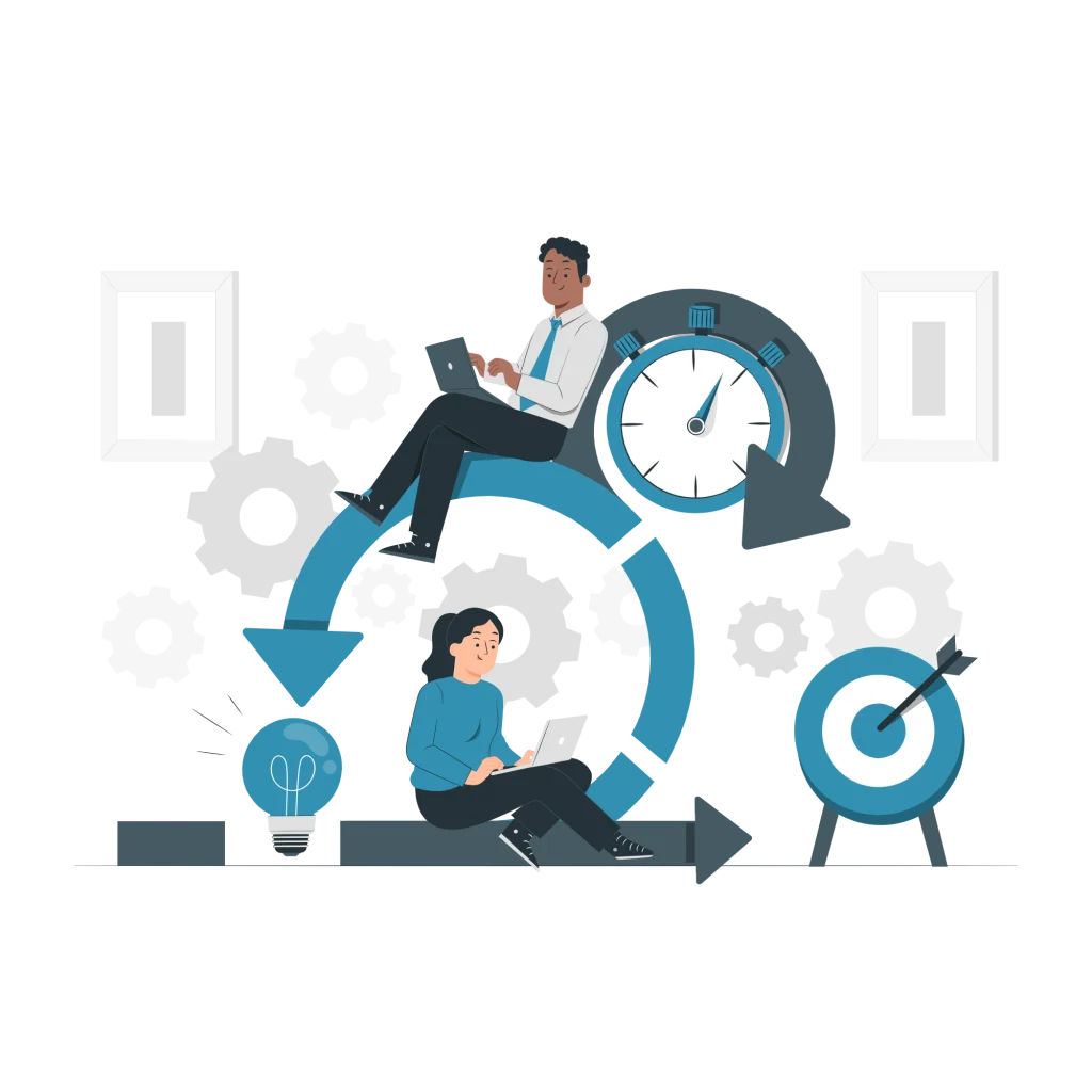 Illustration de deux personnes travaillant avec des engrenages, une horloge et une cible symbolisant l'efficacité et la gestion du temps.