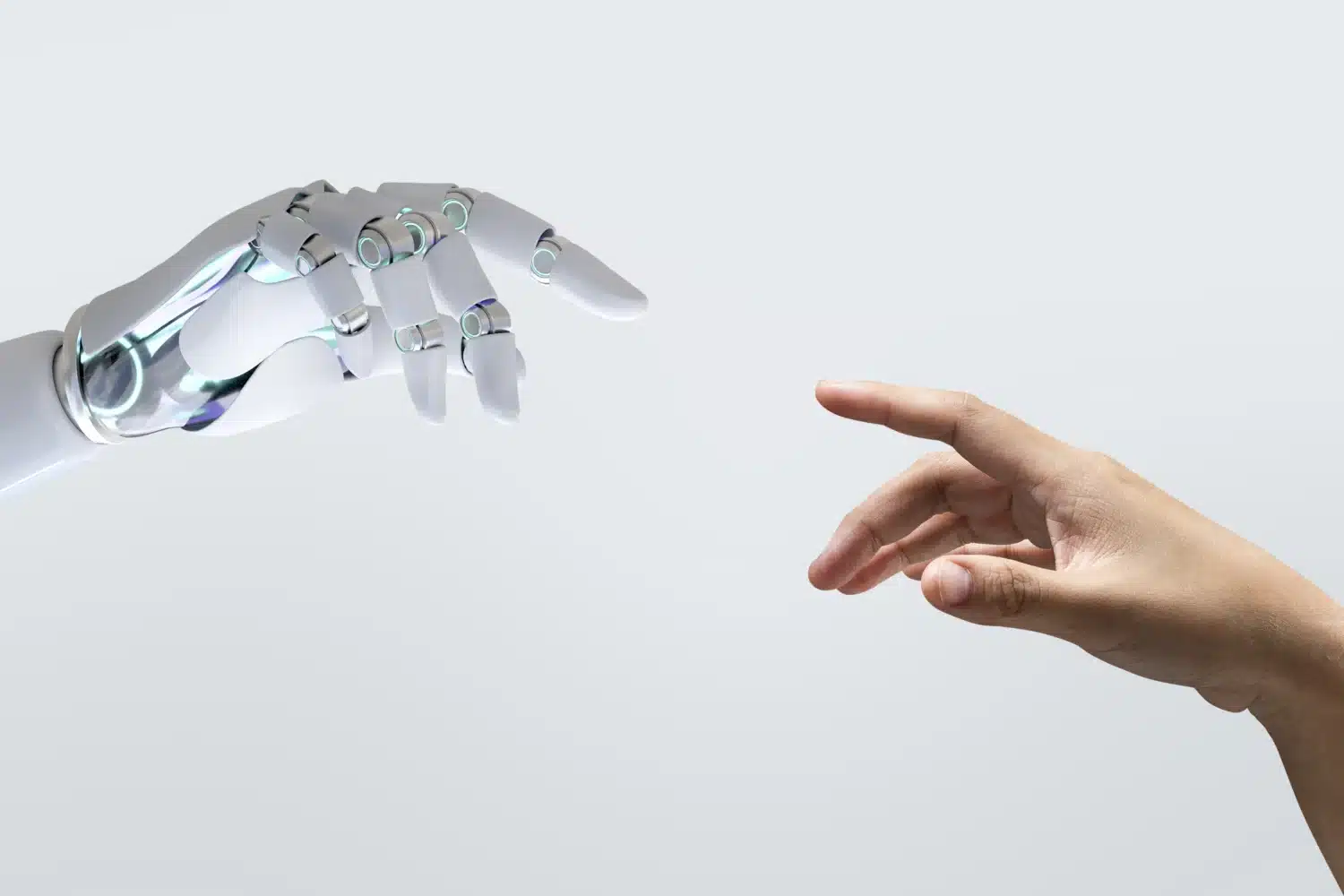 Main humaine tendant la main vers une main de robot futuriste dans une représentation moderne de la Création d’Adam.