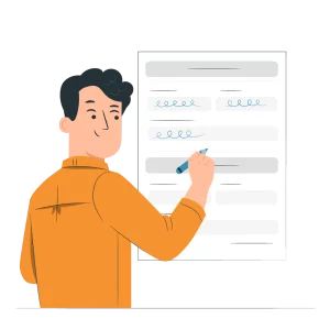 Illustration d’un homme remplissant un document officiel à l’aide d’un stylo