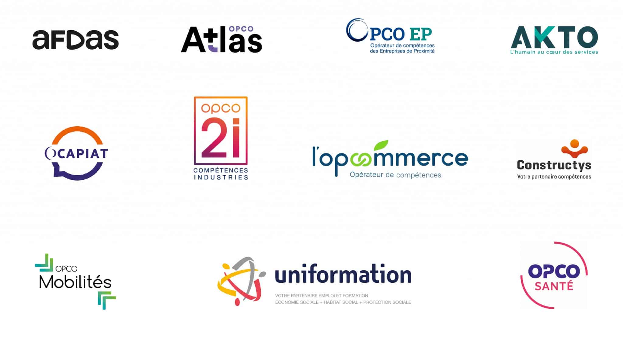 Logos des 11 OPCO (Opérateurs de Compétences) en France, représentant différents secteurs d'activité