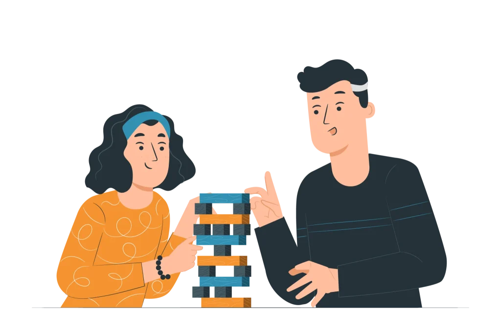 Illustration de deux personnes jouant à un jeu de construction, symbolisant la collaboration et la stratégie