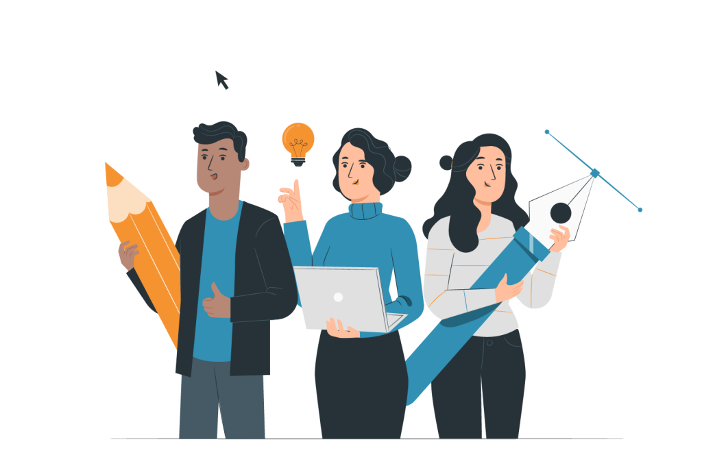 Illustration de trois créatifs symbolisant le travail d'équipe et la créativité