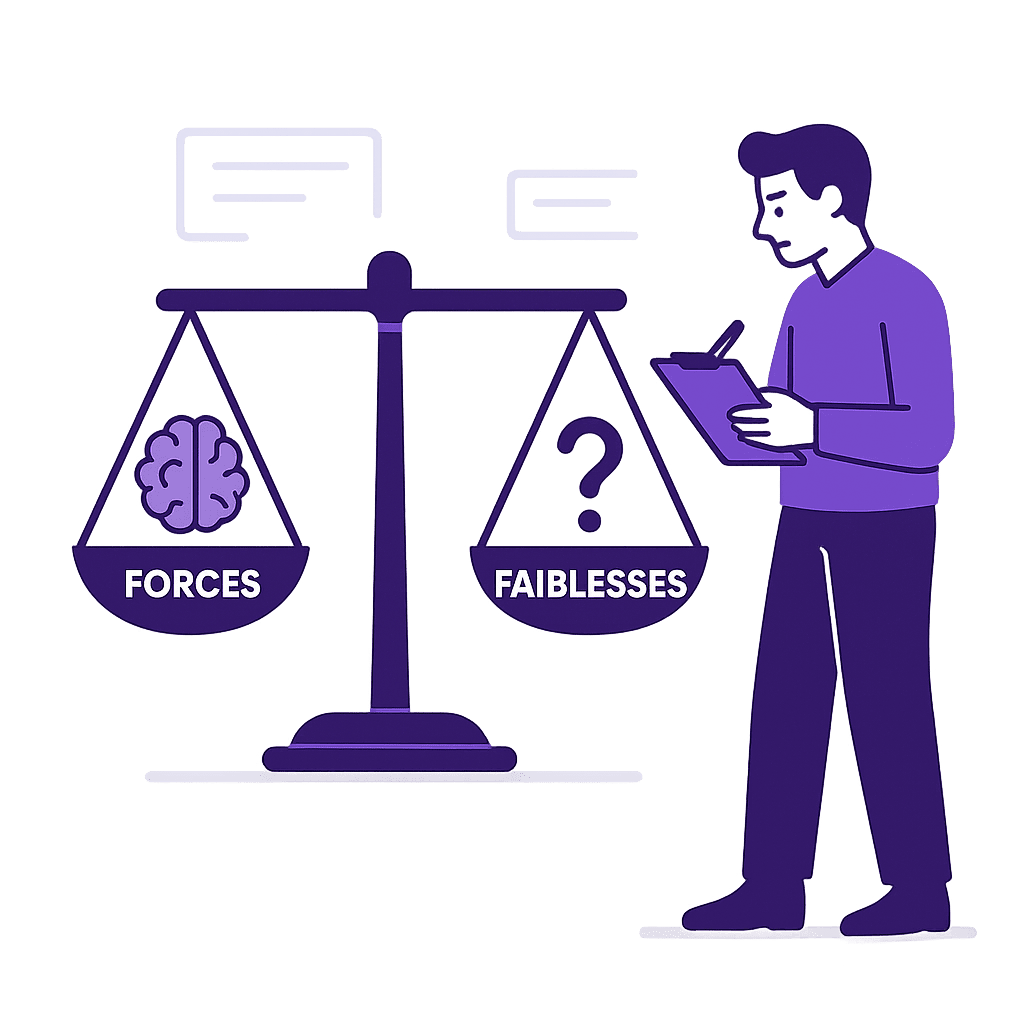 illustration-auto-evaluation-balance-forces-faiblesses-flat-design