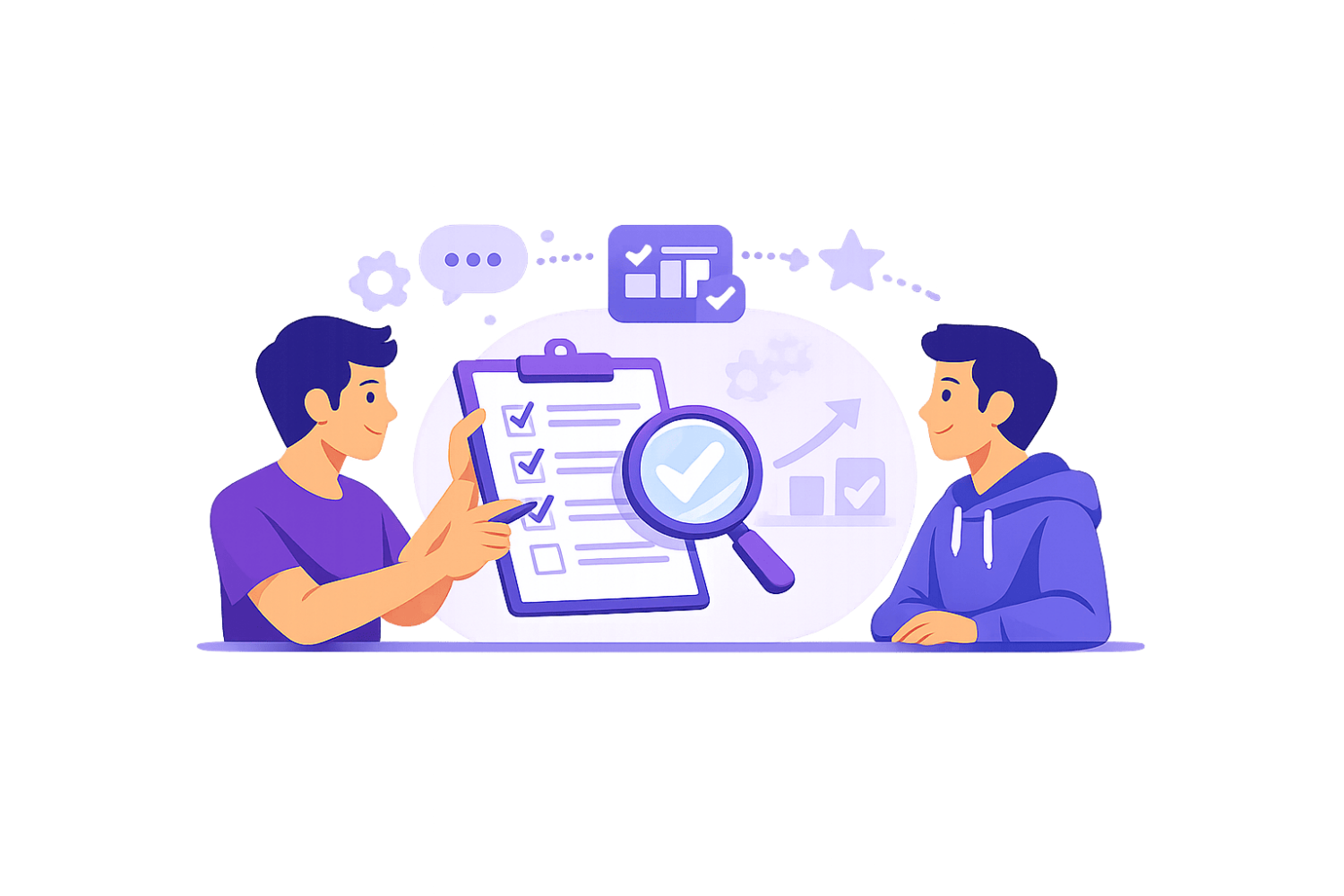 illustration-analyse-travail-entre-pairs-grille-evaluation-loupe-flat-design