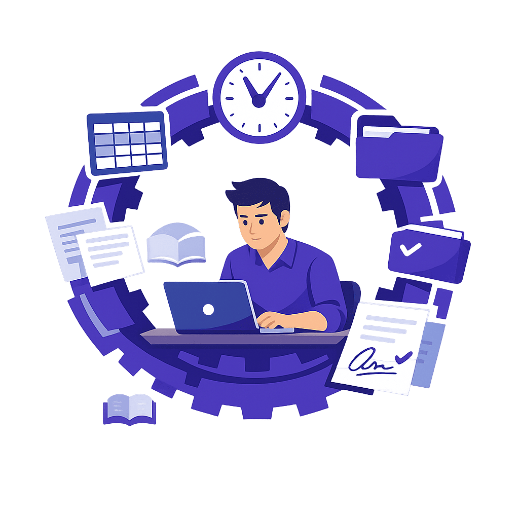 illustration-formateur-encercle-mecanique-administrative-qualiopi-flat-design