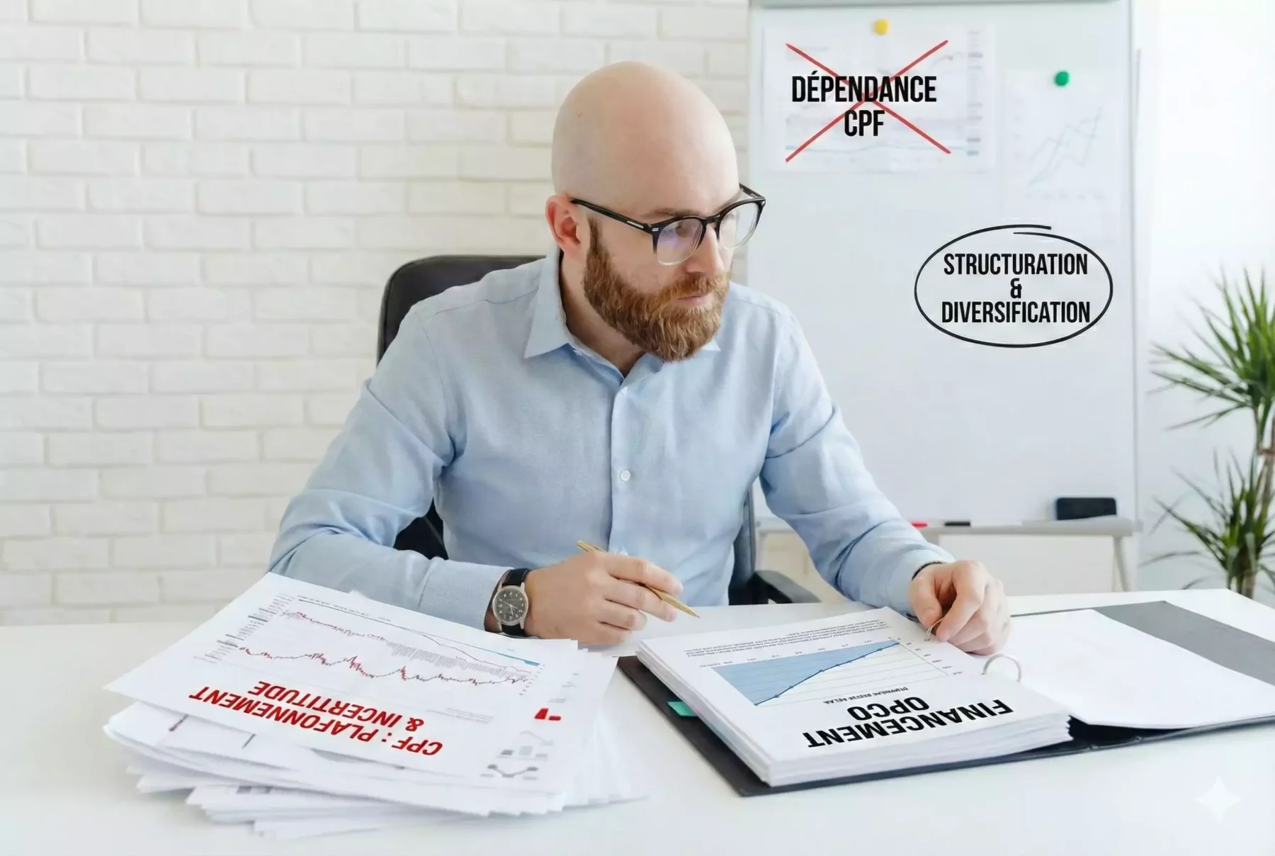 Homme analysant le financement OPCO comme stratégie alternative face au plafonnement du cpf