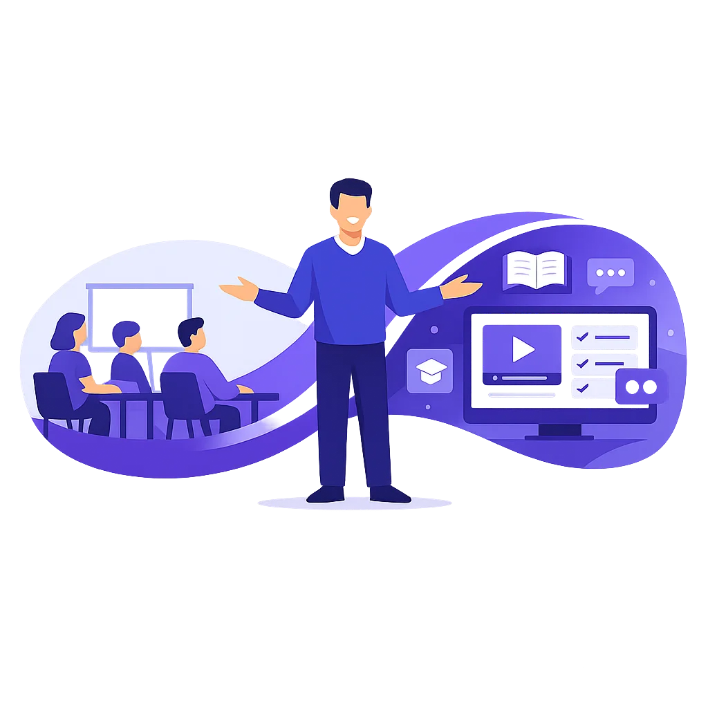 illustration-blended-learning-formation-presentiel-digital-formateur-flat-design