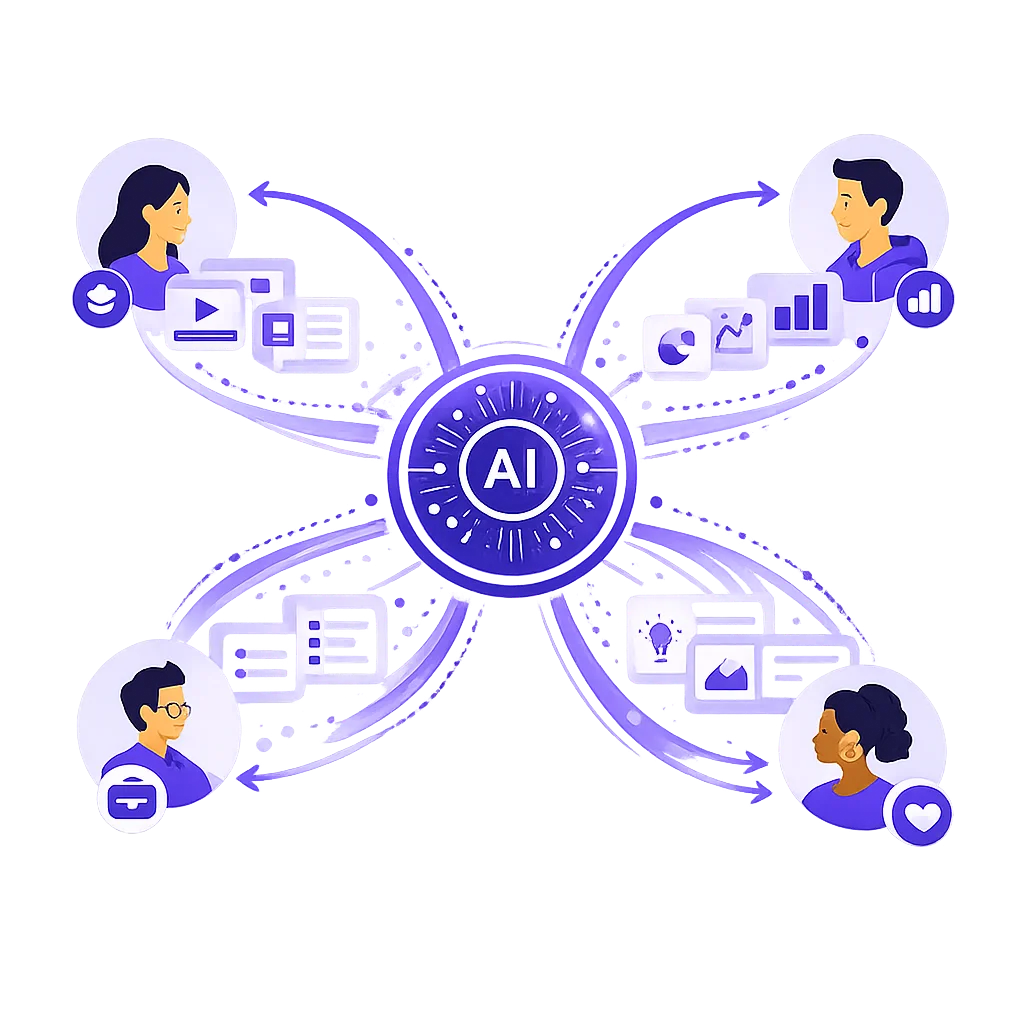 illustration-ia-adaptation-contenu-flux-circulaire-apprenants-flat-design