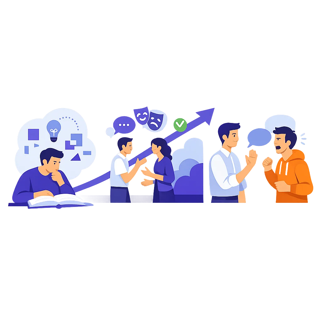 illustration-formation-gestion-agressivite-passage-theorie-pratique-flat-design