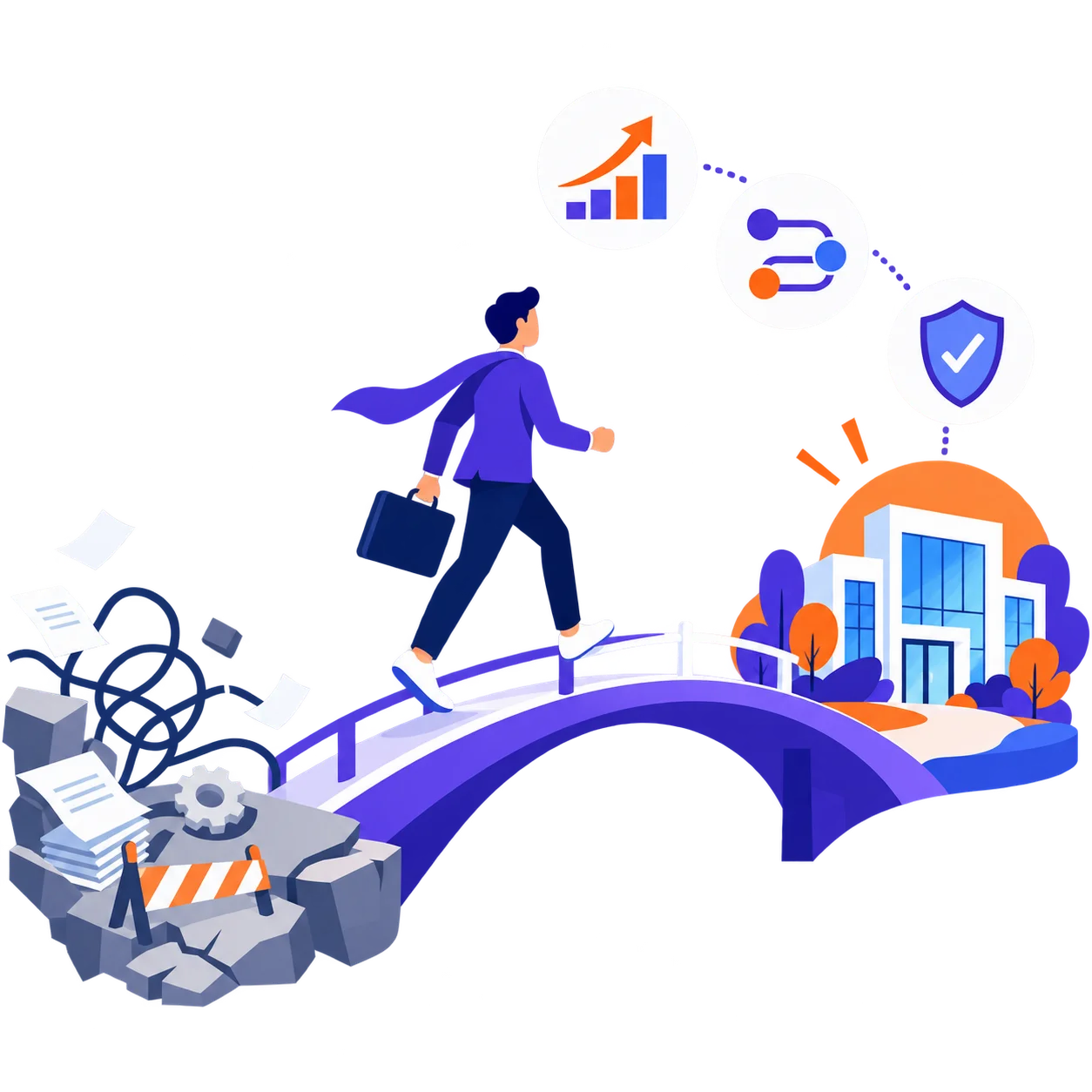 illustration-transition-financement-securise-pont-formateur-flat-design
